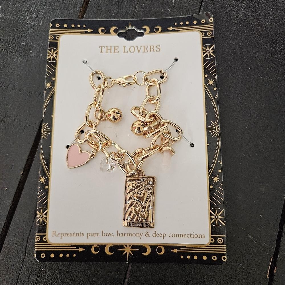 The Lovers NWT Tarot Card Gold Heart Charm Bracelet Women's Jewelry Whimsy